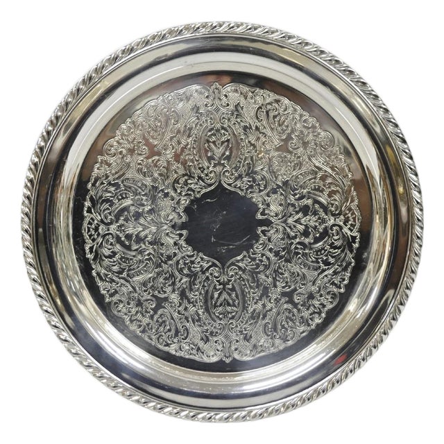 Vintage Oneida Victorian Style Round Silver Plated Serving Platter Bar Tray For Sale