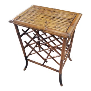 Vintage Burnt Bamboo 7 Bottle Wine Rack Holder Side Table For Sale