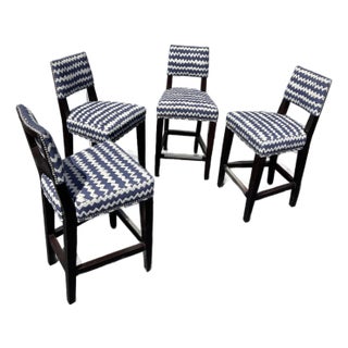 Blue & White Geometric Upholstered Counter Height Chairs With Nailhead Trim, Set of 4 For Sale
