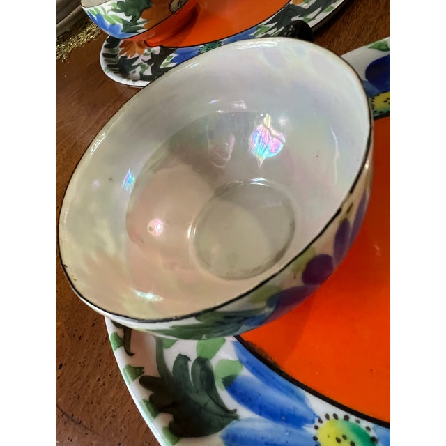 Mid-Century Modern Set of 4, 1970s Orange and Blue Ceramic Plates and Teacups For Sale - Image 3 of 10