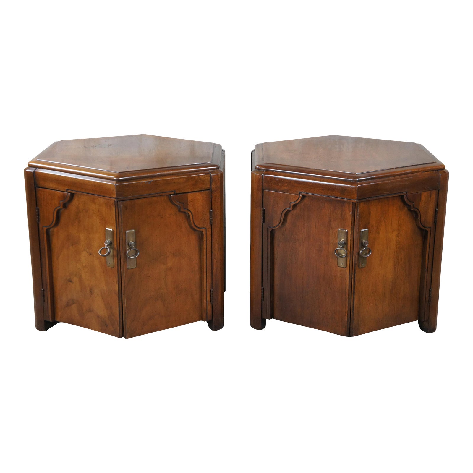 Mid 20th Century Lane Furniture Walnut Chinoiserie Hexagon Drum Tables