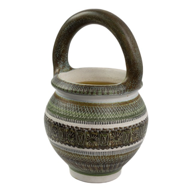 Large Mid-Century Green and Brown Glazed Ceramic Vase with Handle by Marcel Guillot for Salon des Ateliers d'Art, France, 1950s For Sale