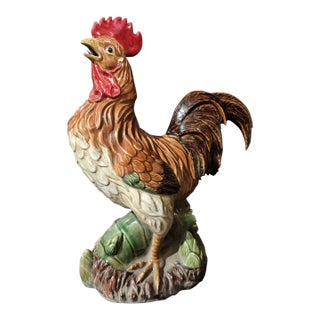 Ceramic Rooster Figurine, Colorful Hand-Painted With Bamboo Base (Peace & Safety Symbol) For Sale