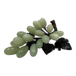 Vintage Chinese Hand-Carved Jade & Hardstone Grape Cluster on Silk Wrapped Stem For Sale