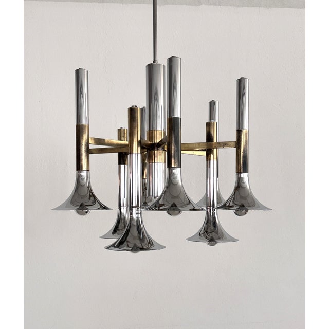 Mid-Century Modern Large Italian Chrome and Brass Trumpet Chandelier attributed to Lumi Milano, 1970s For Sale - Image 3 of 18