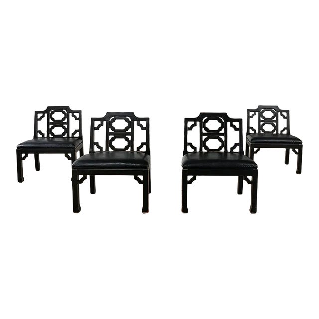 1971 Hollywood Regency Chinoiserie Chinese Chippendale Style Occasional Chairs by Thomasville Black Low Profile Set of 4 For Sale