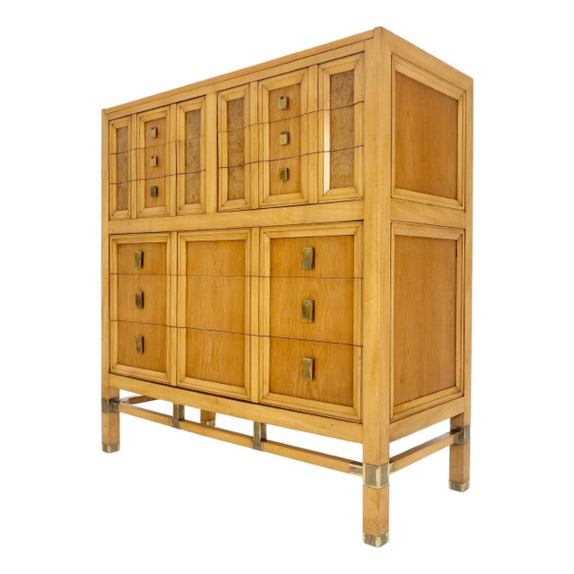Burl Wood Panel Brass Birch 7 Drawer Mid Century Modern High Boy Dresser For Sale
