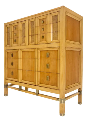 Burl Wood Panel Brass Birch 7 Drawer Mid Century Modern High Boy Dresser