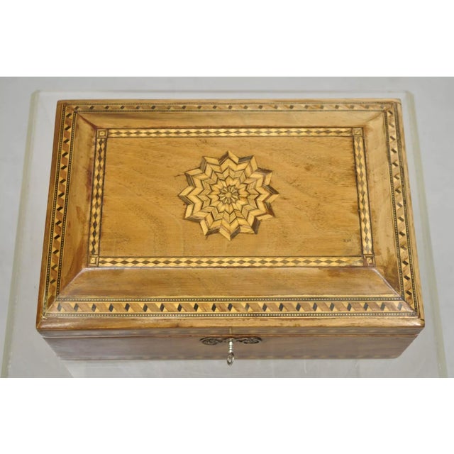 Antique English Marquetry Inlaid Wood Large Tea Caddy / Desk Box Lined in Metal with Working Lock and Key. Circa Late 19th...