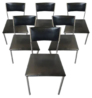 Chromed Steel & Black Leatherette Side Chairs, Set of 6, 1950s