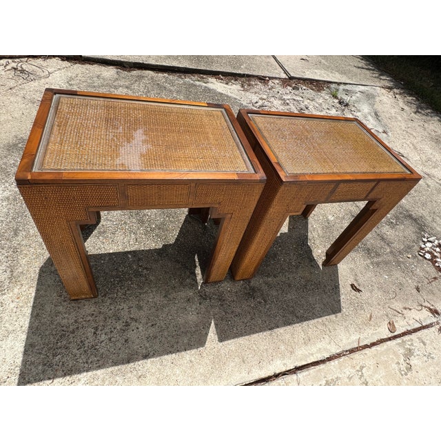 MCM Harrison Van Horn Style Woven Rattan Parsons Side Tables - A Pair For Sale - Image 12 of 12