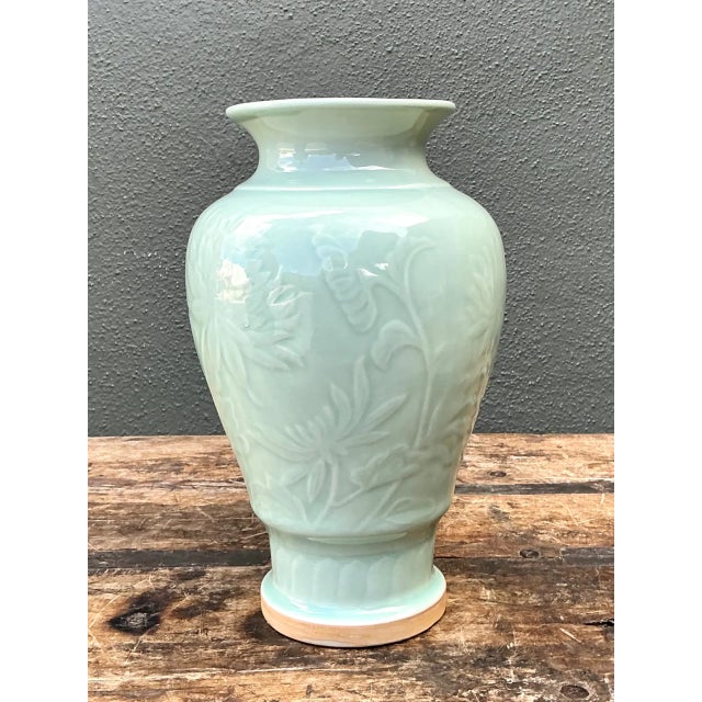 Green Vintage Celadon Floral Relief Ceramic Vase For Sale - Image 8 of 12