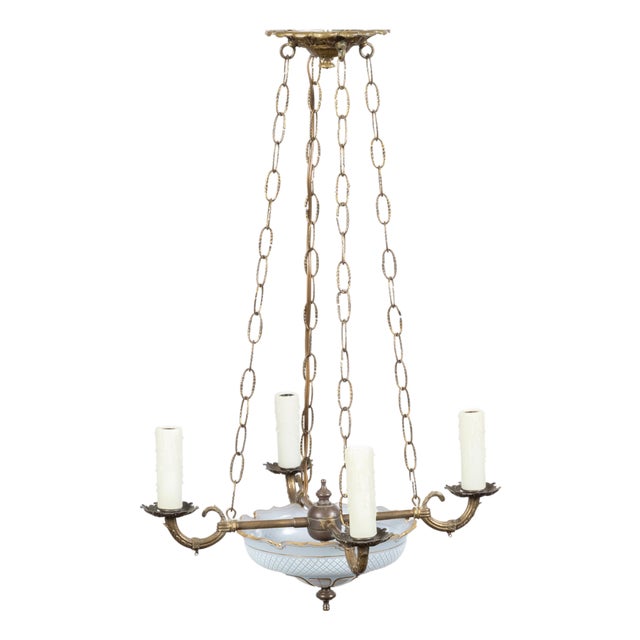 French 1900s Opaline Four-Light Chandelier with Leaf Motifs and Profiled Links For Sale