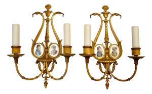 Pair Regency Style Bronze, Polychrome, and Battersea Enamel Sconces