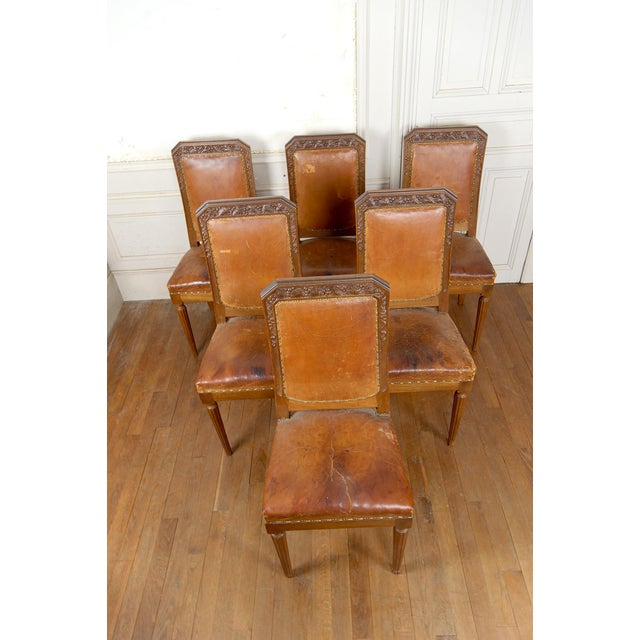We are offering a rare and elegant set of six Art Deco dining chairs, attributed to the renowned Gauthier-Poinsignon...