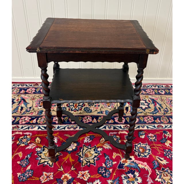 Antique English Flip Top Game Table Barley Twist Side Table Carved Oak C. 1930s For Sale - Image 17 of 17