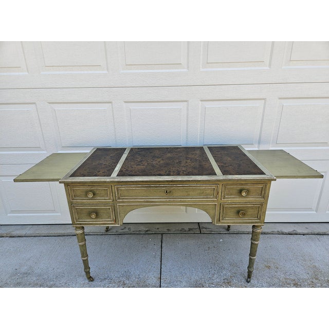 Victorian Baker Furniture Light Green Distressed Finish Writing Desk For Sale - Image 3 of 16