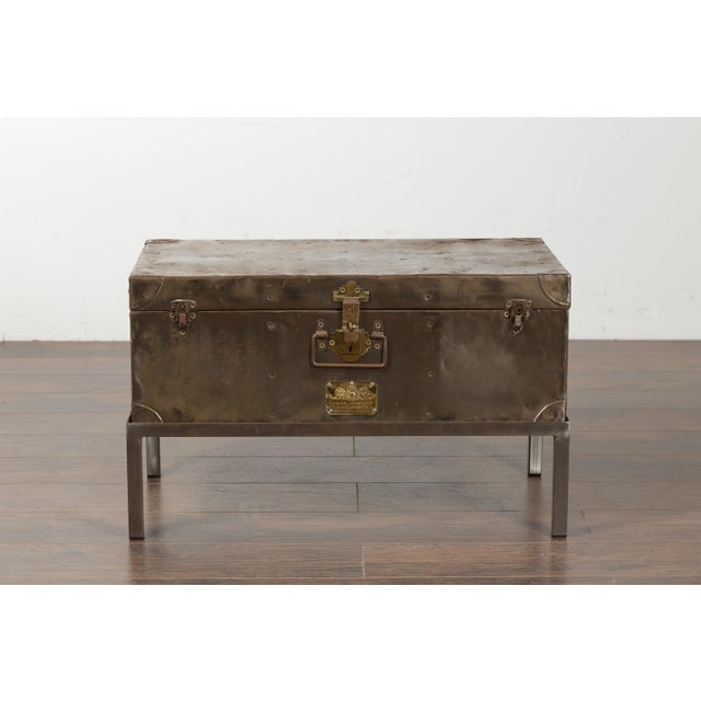 Early 20th Century English 1920s Sarah Rackett Metal Trunk with Handles Mounted on New Custom Stand For Sale - Image 5 of 12