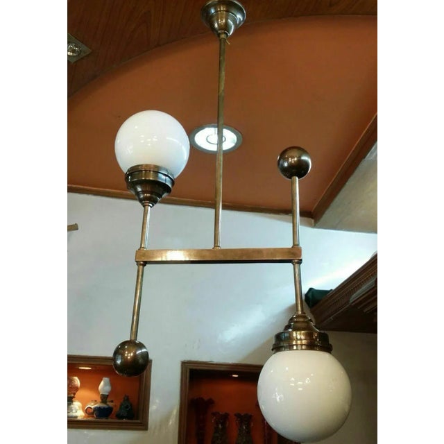 1940s 1940s Art Deco Bauhaus Brass Hanging Light with Milk Glass Shades For Sale - Image 5 of 5