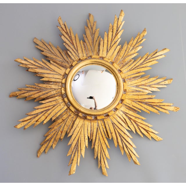 Gold Mid Century French Giltwood Sunburst Convex Mirror For Sale - Image 8 of 8