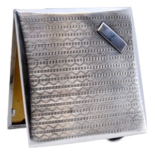 Guilloche Silver Cigarette Case with Monogram Card, Gold Interior and Hinged Lid For Sale
