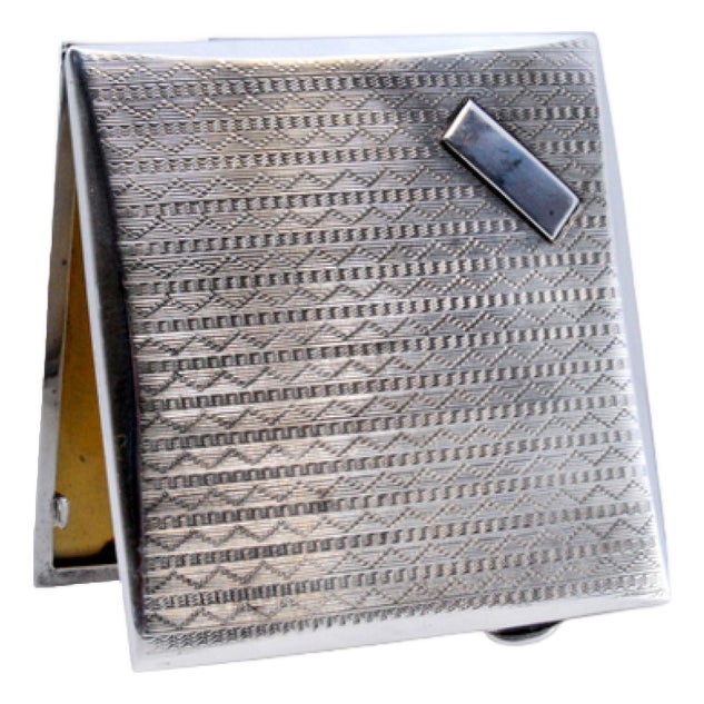 Guilloche Silver Cigarette Case with Monogram Card, Gold Interior and Hinged Lid For Sale