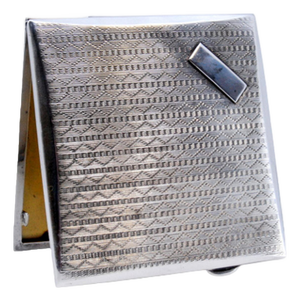 Guilloche Silver Cigarette Case with Monogram Card, Gold Interior and Hinged Lid