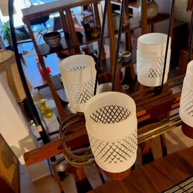 Mid 20th Century Danish Modern Teak & Brass 6-Light Chandelier With Textured Glass Shades For Sale - Image 11 of 12
