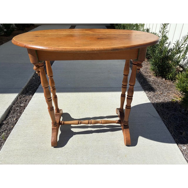 Late 19th Century Grover B. Horton Country Pine Oval Side Table With Turned Spindle Legs & Drop Finials For Sale - Image 6 of 12
