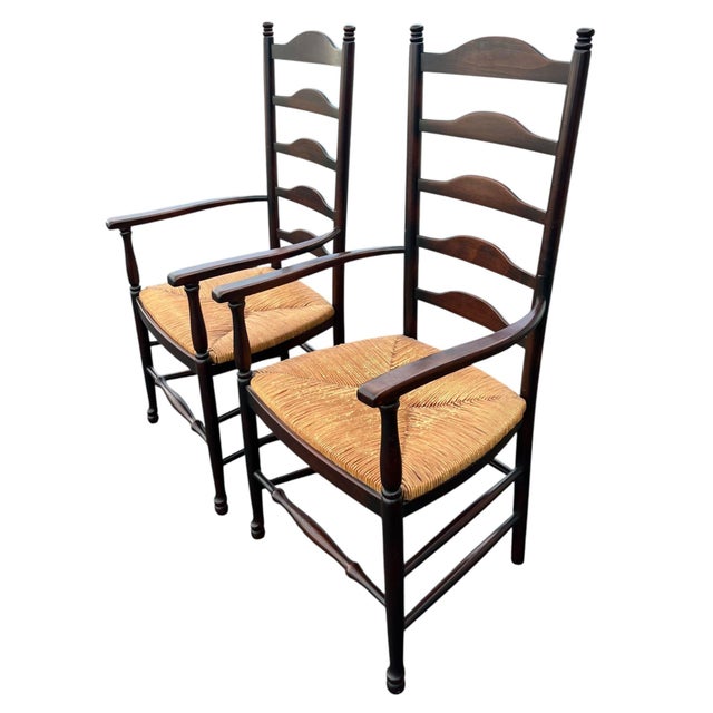 1970s Pair of Vintage Ladder-Back Rush-Seat Chairs-Pair For Sale - Image 5 of 8