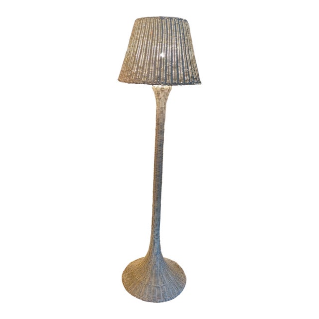 Vintage White Wood Wicker Floor Lamp For Sale