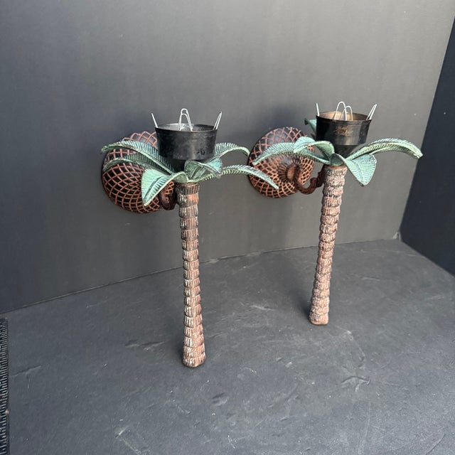 Vintage Regency Style Metal Palm Tree Wall Sconces- A Pair For Sale - Image 4 of 11