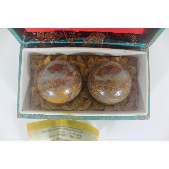 Vintage Chinese Shi-Lou Stone Stress Balls or Boading Baoding Balls Pair or Set in Silk Fabric Covered Box For Sale - Image 6 of 8
