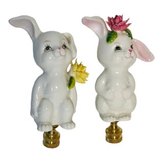 1970s Whimsical Porcelain Rabbit Pair Lamp Finials For Sale