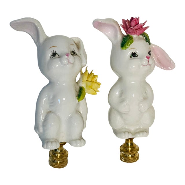 1970s Whimsical Porcelain Rabbit Pair Lamp Finials For Sale