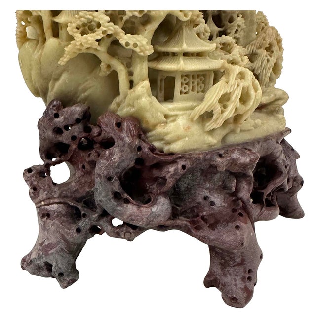Green Vintage Hand Carved Chinese Soapstone Mountain Village With Pagoda Landscapes For Sale - Image 8 of 12