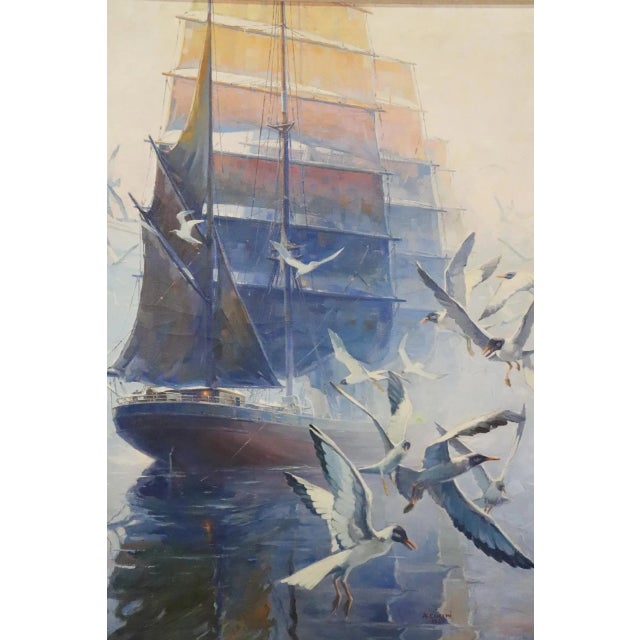 Oil Painting Sailing Ship Early Morning Fog signed A. Cucchi Dates 1939 For Sale In Philadelphia - Image 6 of 12