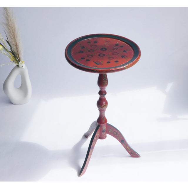 Wood Antique Dutch Folk Art Round Hand-Painted Wood Hindeloopen Side Table For Sale - Image 7 of 7