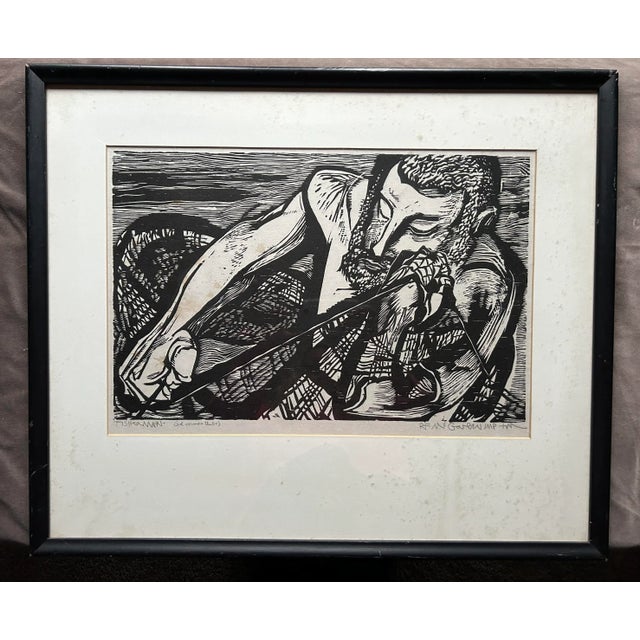 Vintage 1970’s Woodcut Print of Fisherman by R. F. McGovern For Sale - Image 9 of 9