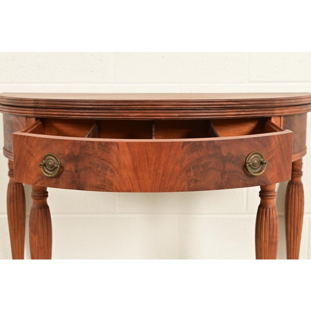Wood Baker Furniture Style Antique Federal Flame Mahogany Flip Top Demilune Console Game Table, Circa 1920s For Sale - Image 7 of 14