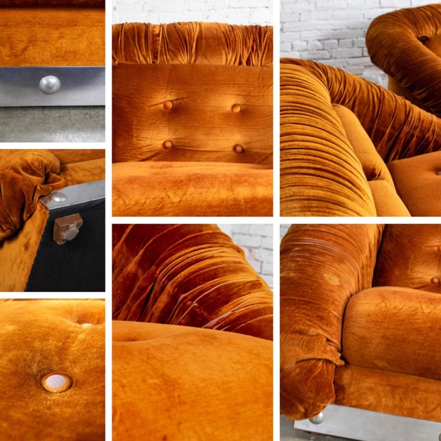 Late 20th Century Modern to Postmodern Low-Slung Loveseat & Chair Set Burnt Orange Velvet & Aluminum Detail For Sale - Image 17 of 18