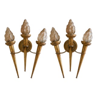 1960s French Gilt Metal Torch Sconces with Glass Shades No. 01 - a Pair For Sale