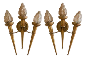 1960s French Gilt Metal Torch Sconces with Glass Shades No. 01 - a Pair