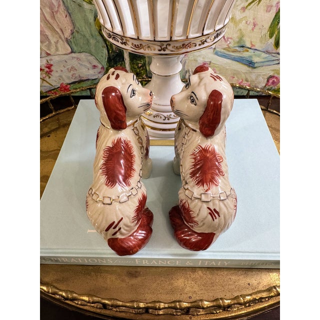 Ceramic Charming Pair of Vintage Staffordshire Style Spaniels With Gilt Chain Collars and Parted Legs, Red & Cream Porcelain Dogs For Sale - Image 7 of 17