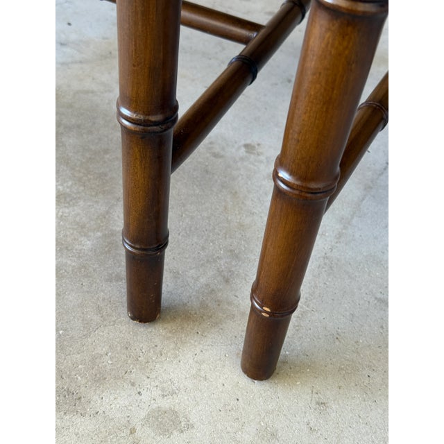 Brown Coastal Regency Faux Bamboo Armchairs With Tropical Upholstery-Pair For Sale - Image 8 of 12