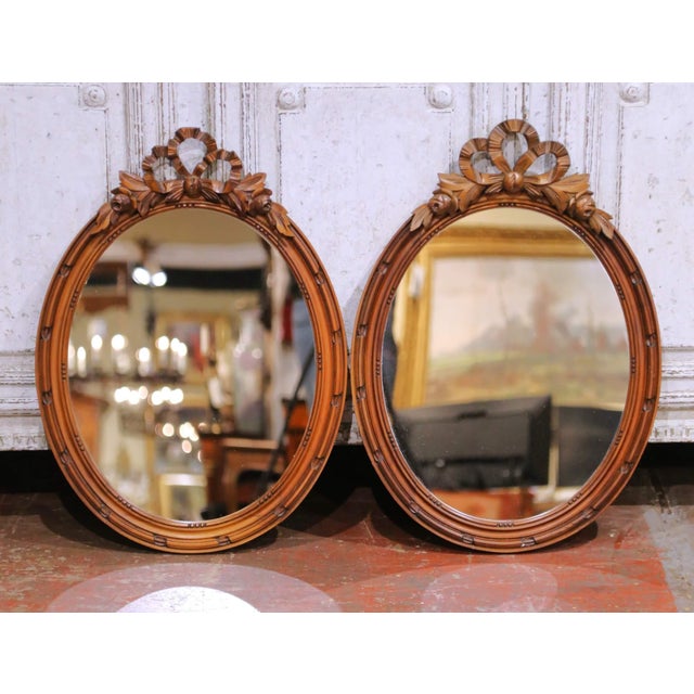 Late 19th Century Pair of 19th Century French Louis XVI Oval Walnut Mirrors With Ribbon Crest For Sale - Image 5 of 9