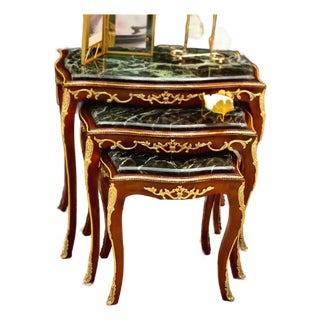 Rococo Style Black Marble Top Nesting Tables – Set of 3 With Gold Leaf Accents For Sale