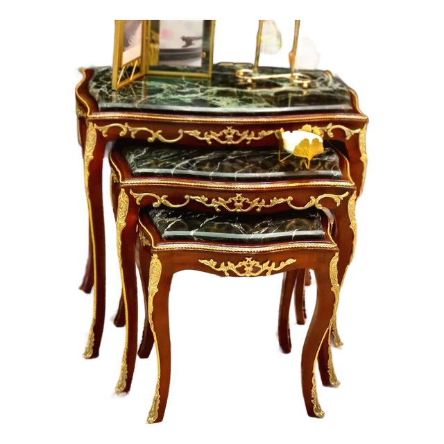 Rococo Style Black Marble Top Nesting Tables – Set of 3 With Gold Leaf Accents For Sale