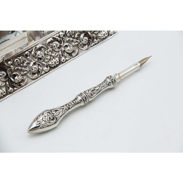 Embossed Silver Inkwell with Fountain Pen For Sale - Image 4 of 5