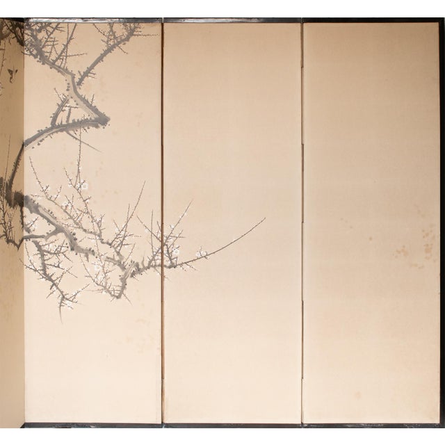 Japanese Large Taisho Japanese Byobu Screen "Sparrow and the Plum Tree" by Ryosetsu Kobe For Sale - Image 3 of 18